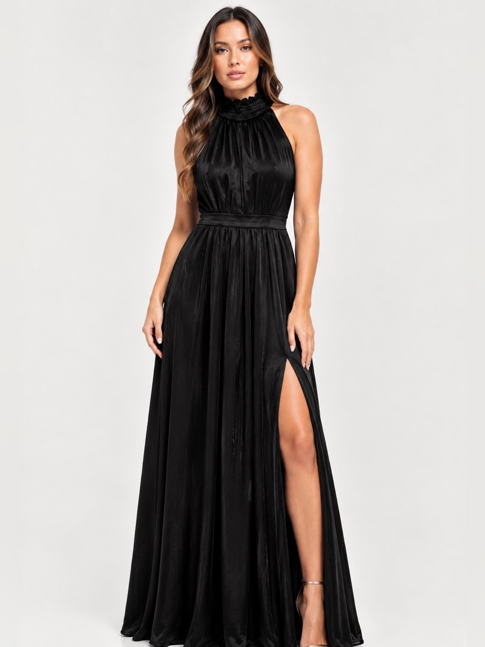 Popilush High-Neck Black Maxi Halter style shapewear Dress with front slit